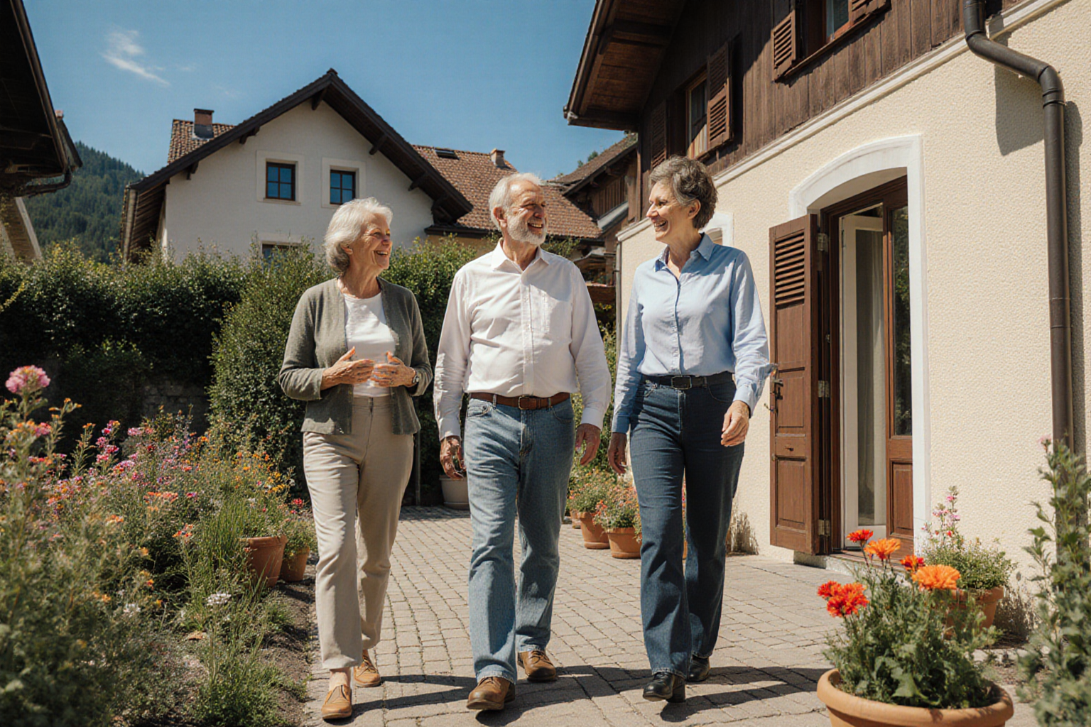 Wohninteressenten und Beraterin am Haus mit Blumengarten
