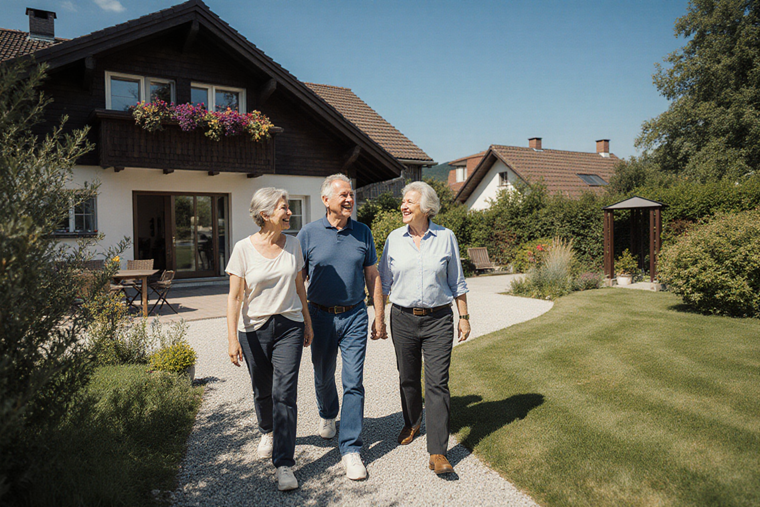 Gemeinsamer Rundgang im Garten vor einem Wohnhaus